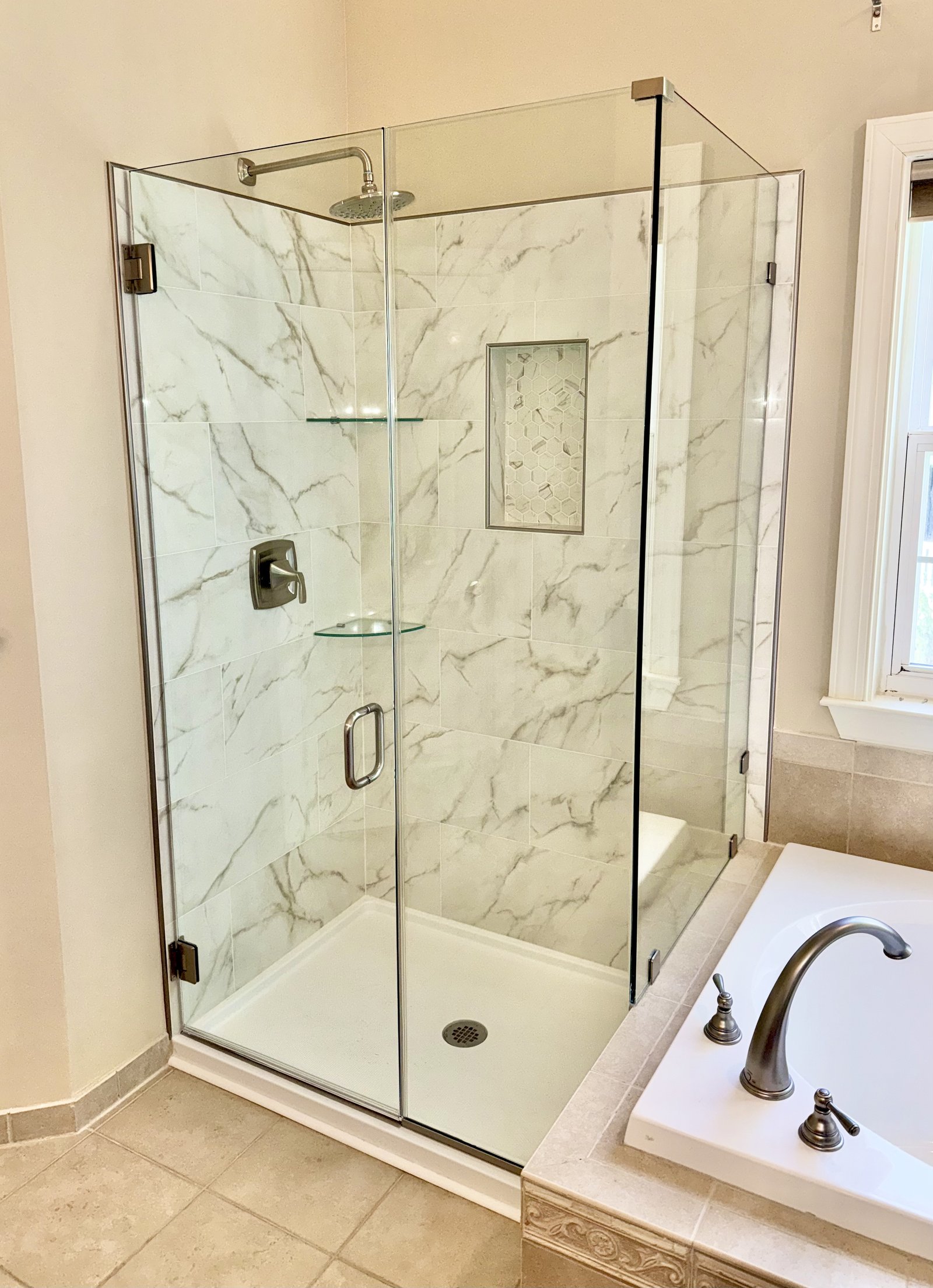 Glass shower enclosure marble tile Chester County